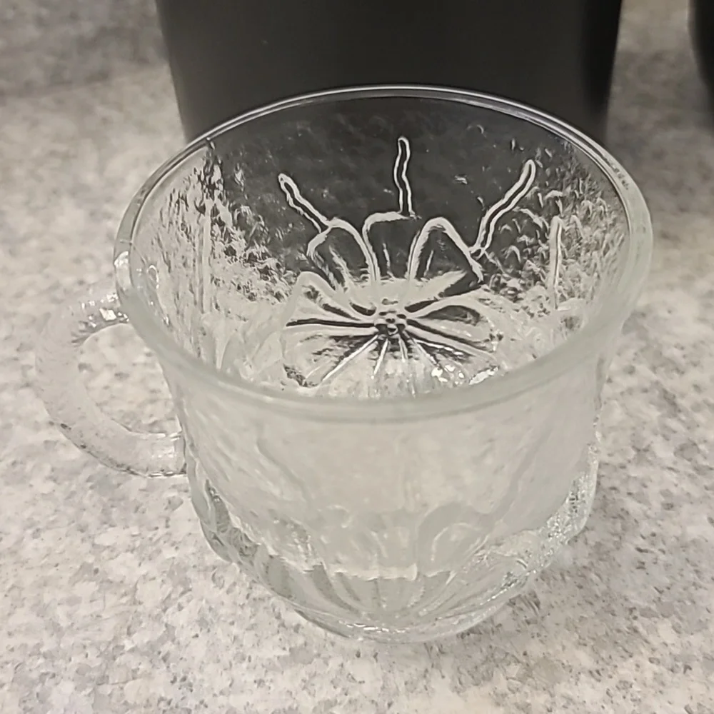Vintage Rain Flower Clear Floral Glass Plate and Cup Set of 4